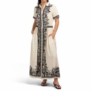 Max Studio Linen Blend Button Front Belted Maxi Shirtdress XL Natural/Black NWT